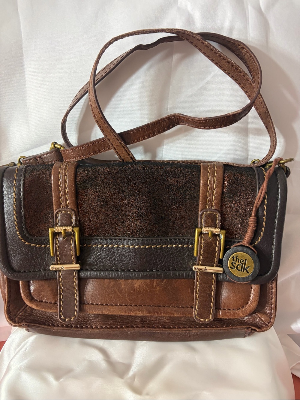 The Sak  Brown Glazed Leather Tricolor Crossbody Satchel